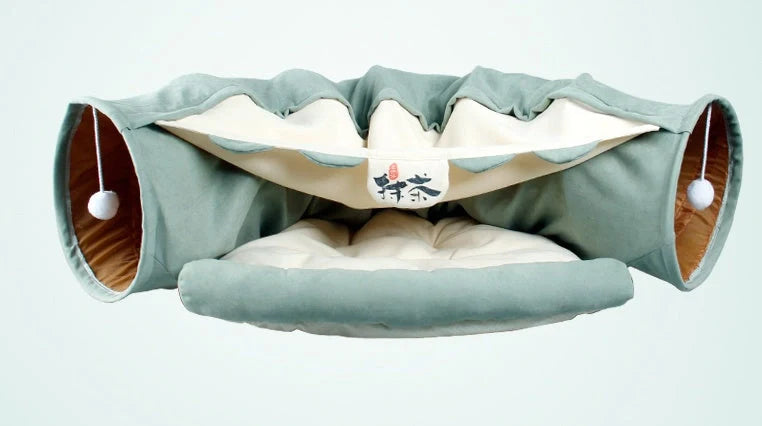 Collapsible cat tunnel with mat for interactive play and rest, available in multiple colours