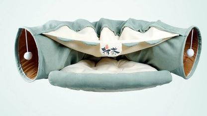 Collapsible cat tunnel with mat for interactive play and rest, available in multiple colours