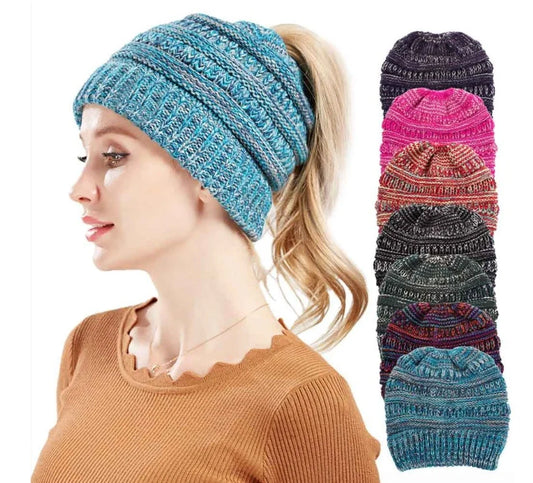 Stylish knitted wool beanie for British ladies with a discreet ponytail hole and a variety of vibrant colour options