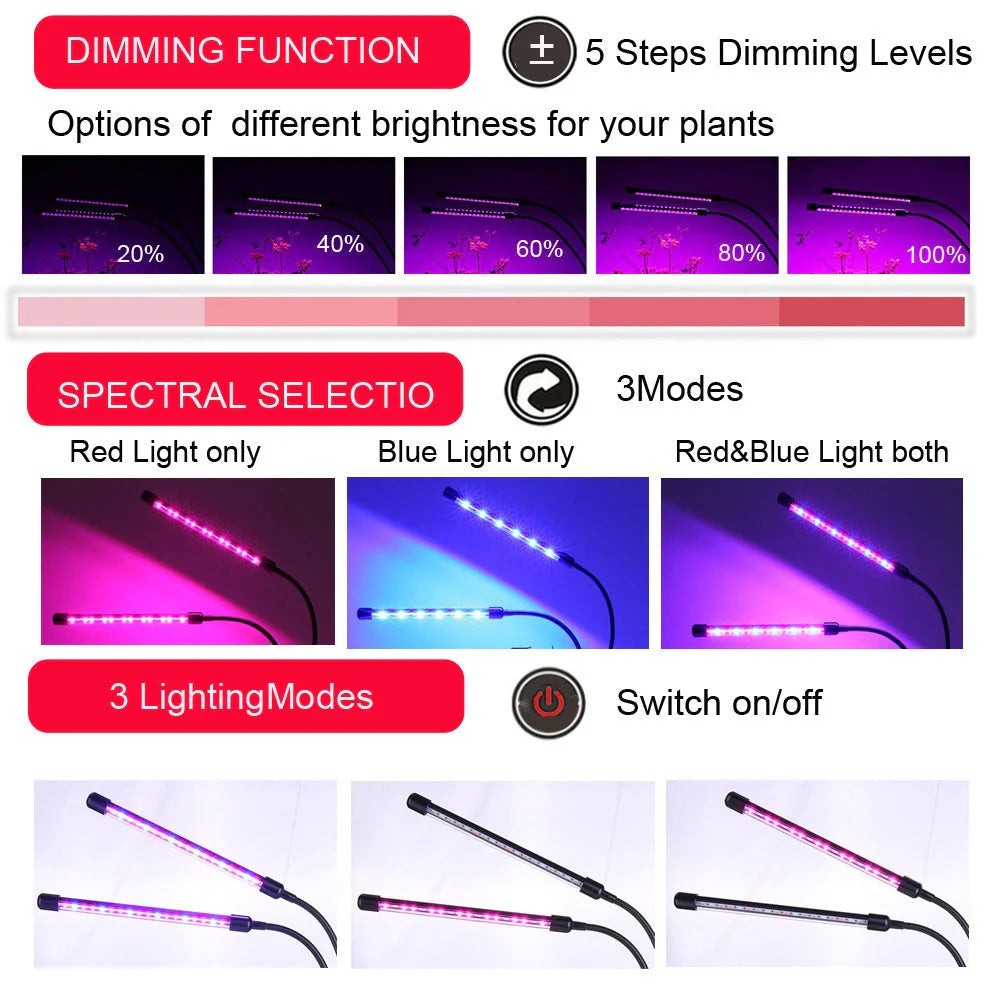 USB dimming timing plant light with adjustable settings for indoor gardening