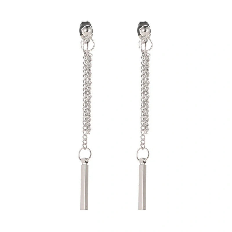 Elegant tasseled stud earrings featuring a contemporary geometric design in silver, gold, and 925 sterling silver finishes