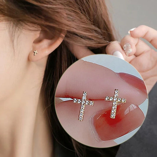 Stainless steel cross earrings with zircon inlay in white gold and gold colours