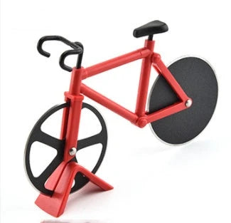 Stainless steel pizza cutter with modern bicycle-inspired design for effortless slicing of pizzas, flatbreads, and more