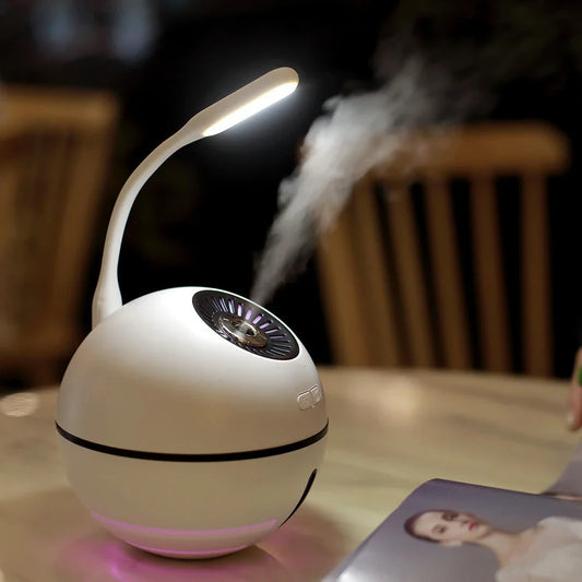 Cordless humidifier with rechargeable battery, LED lighting, and compact design for home or office use