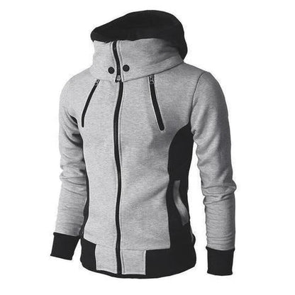 Men's zip-up hooded jacket with touchscreen functionality, available in light grey, white, dark grey, and beige white colors