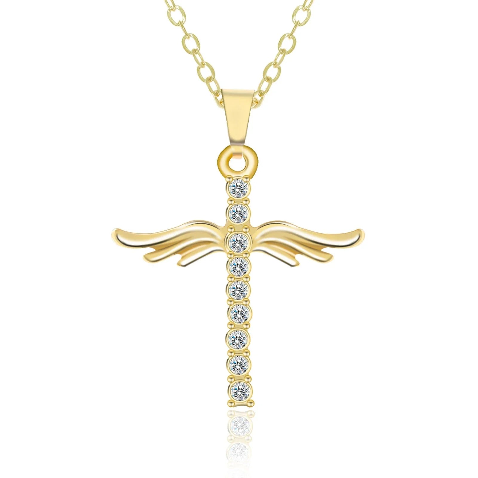 Elegant angel wings cross pendant necklace in silver and gold tones with an adjustable chain
