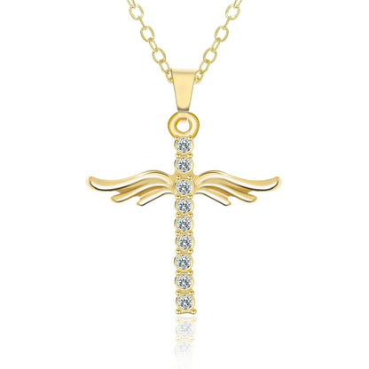 Elegant angel wings cross pendant necklace in silver and gold tones with an adjustable chain