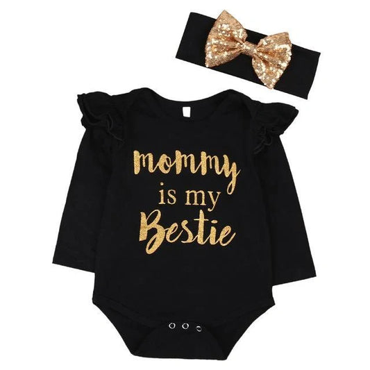 Adorable baby in hip-hop style cotton one-piece and head scarf set