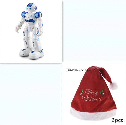 Remote-controlled dancing robot toy with gesture-sensing controls, preprogrammed songs and dances, and customizable programming capabilities