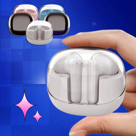 Wireless Bluetooth earbuds with transparent design, offering 9D surround sound, ergonomic fit, and convenient connectivity