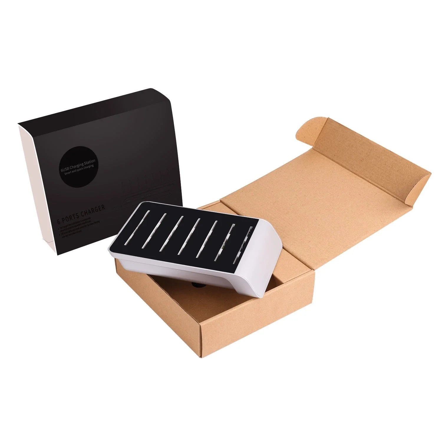 Premium 6-port USB charging hub with intelligent fast charging and charging status reminder, designed for UK smartphone users