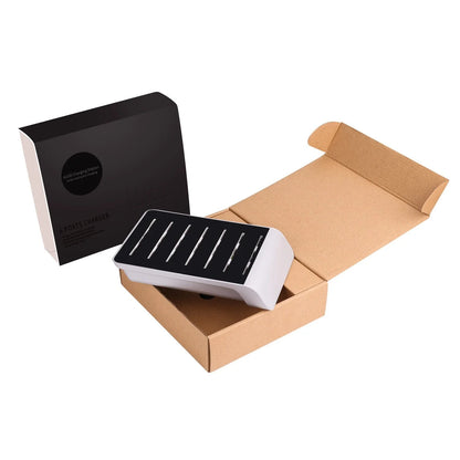 Premium 6-port USB charging hub with intelligent fast charging and charging status reminder, designed for UK smartphone users