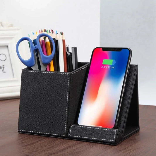 Premium Leather Wireless Charging Station with Pen Holder - Sleek and Versatile Desk Accessory