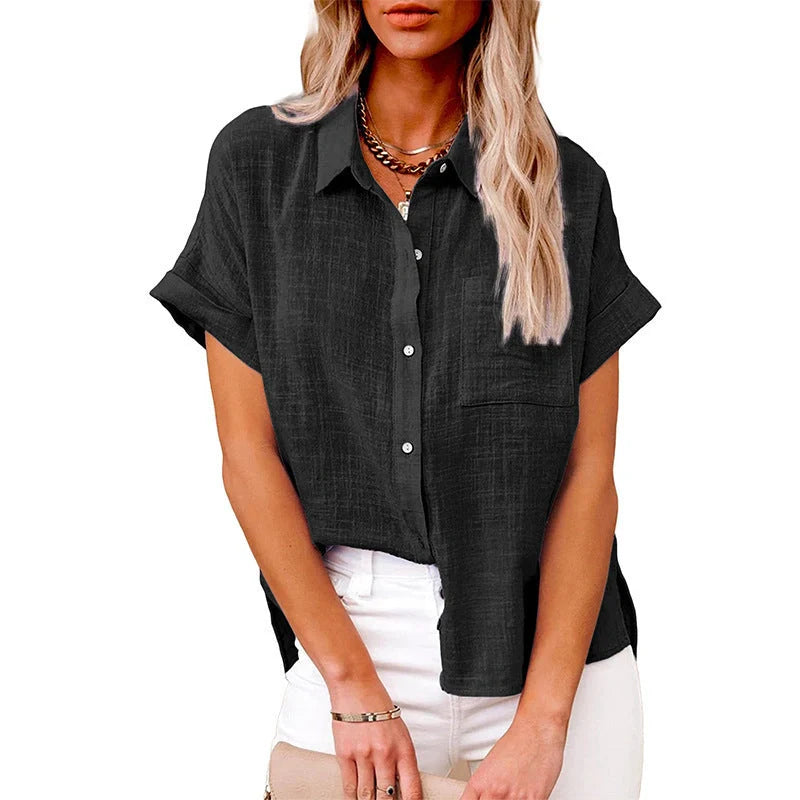 Women's cotton linen short-sleeved shirt with pocket in various colours