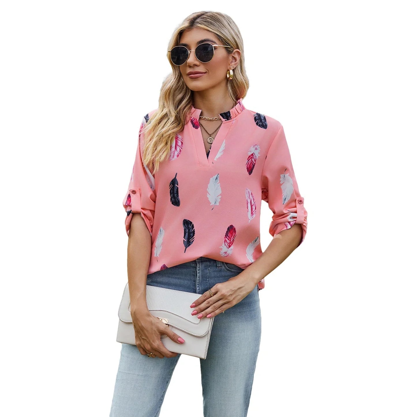 V-neck feather printed loose shirt in various colours