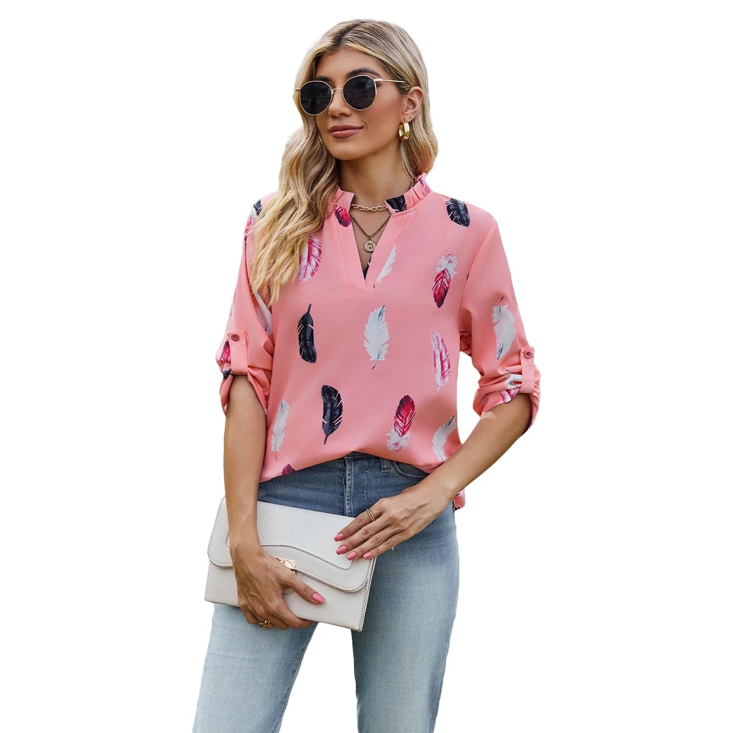 V-neck feather printed loose shirt in various colours