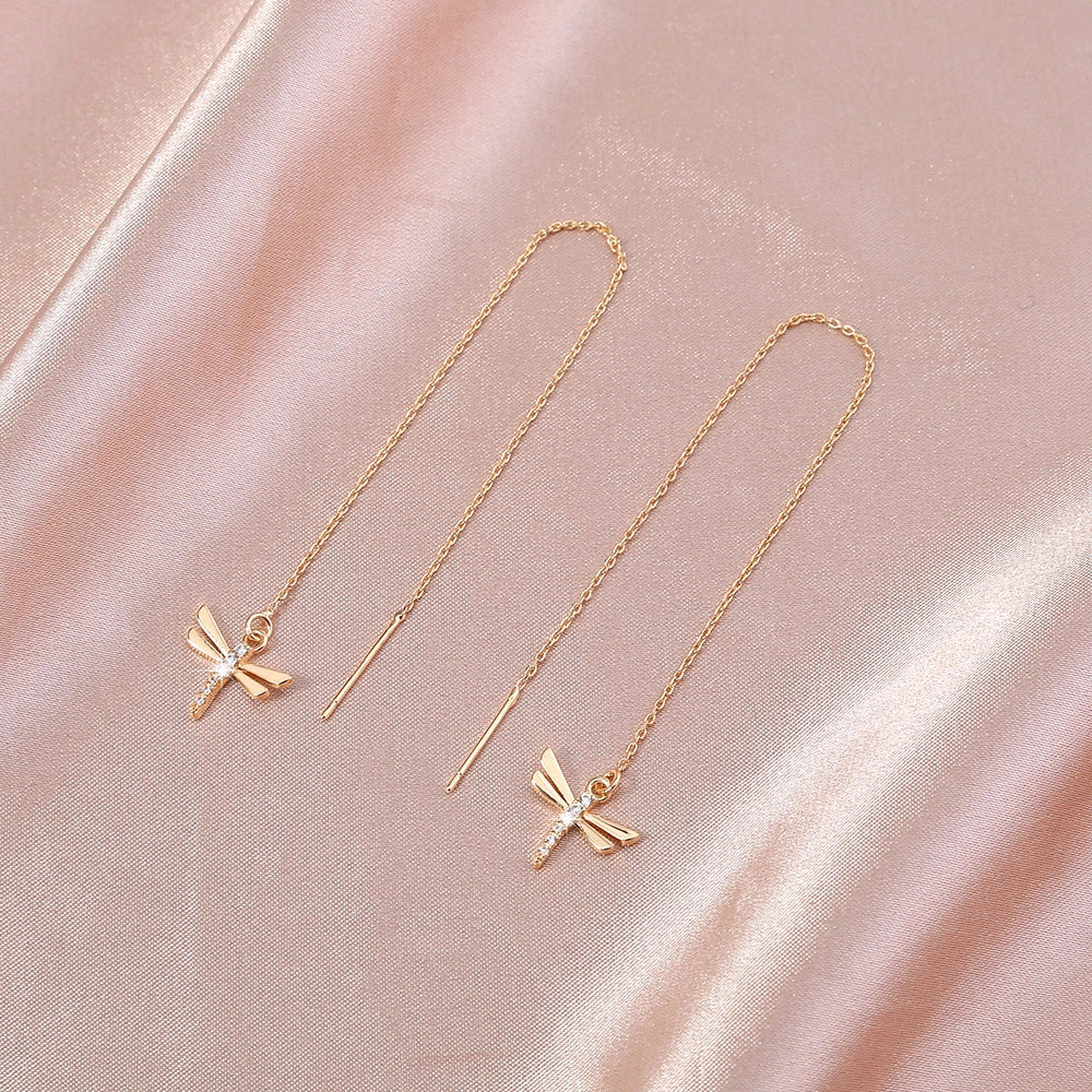 Gold Copper Dragonfly Earrings with Zircon Long Tassel - Elegant Fashion Jewelry