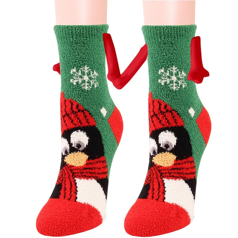 Christmas couple socks with magnetic suction feature for hand holding, festive 3D animal patterns