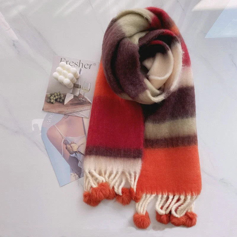 Vibrant rainbow mohair tassel scarf for warmth and style