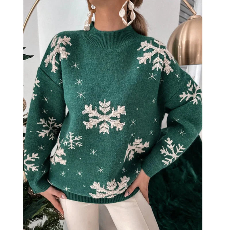 Women's festive Christmas snowflake print knitted sweater in red, green, and grey