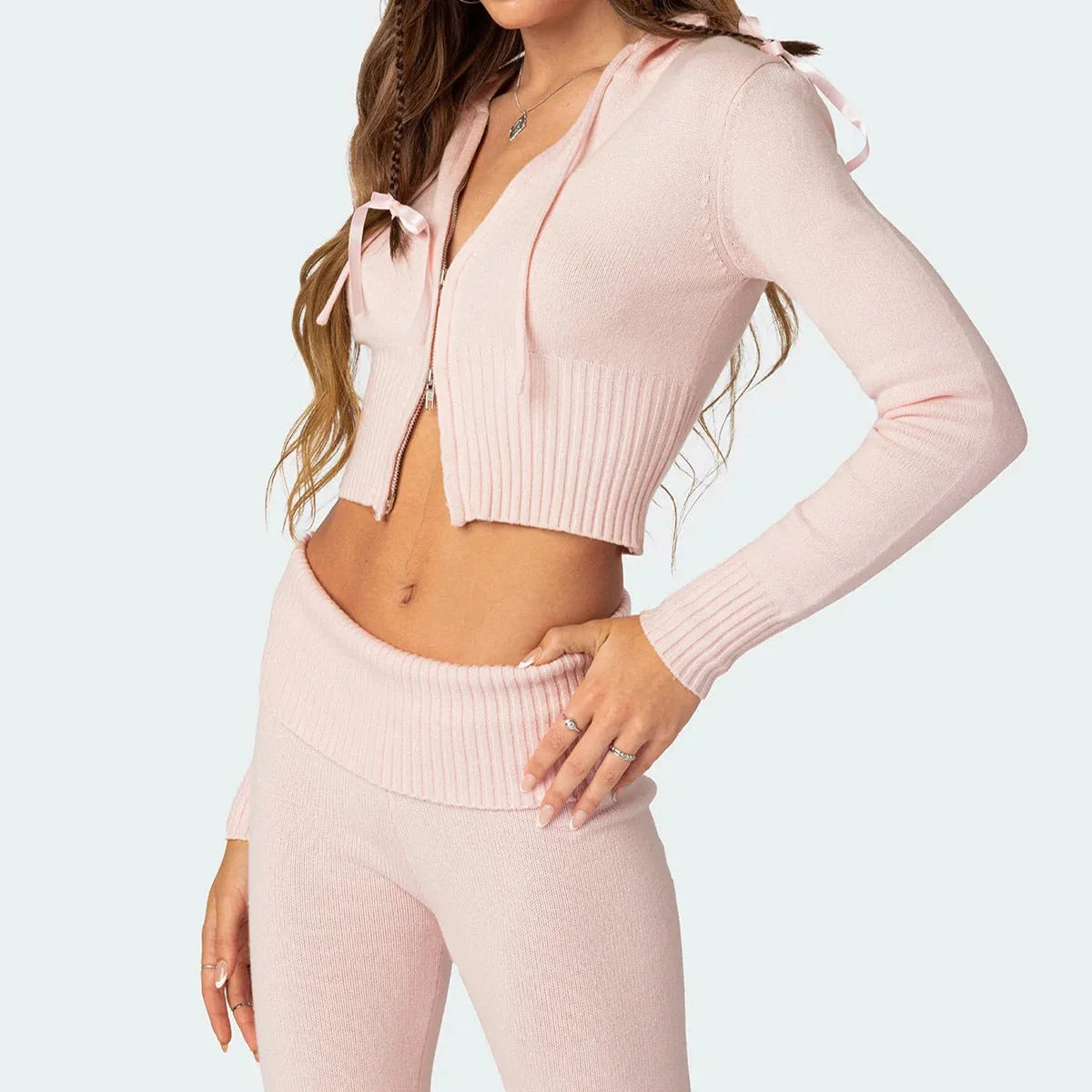 Women's knitted hooded suit with zipper cropped top and flared pants in solid colours