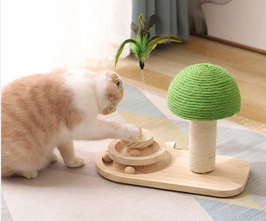 Solid wood cat furniture with scratch post and interactive ball toy for active play and relaxation