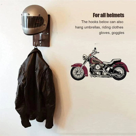 Wall-mounted motorcycle helmet and gear rack in black