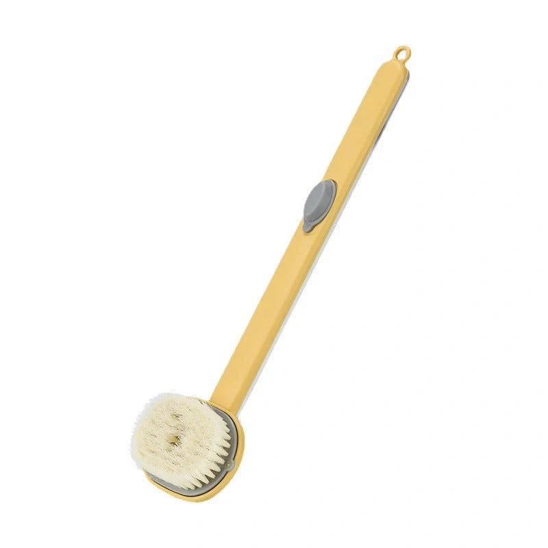Ergonomic dual-purpose shower brush with detachable head in yellow, grey, green, and pink