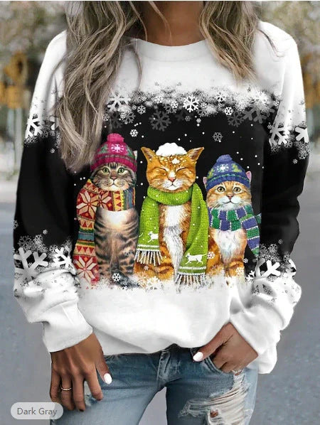 Women's Christmas Snowman and Cat Printed Long Sleeve T-shirt in various colours