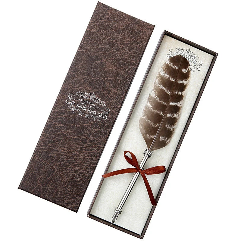 Elegant European-inspired feather pen in a luxurious gift box, showcasing its vintage-inspired design and premium stainless steel construction.