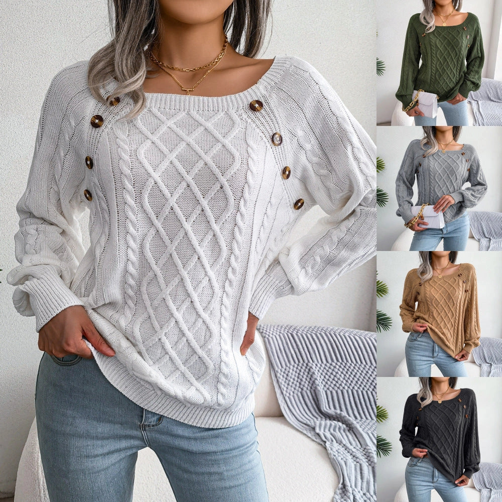Women's square neck knitted sweater with button design in various colours