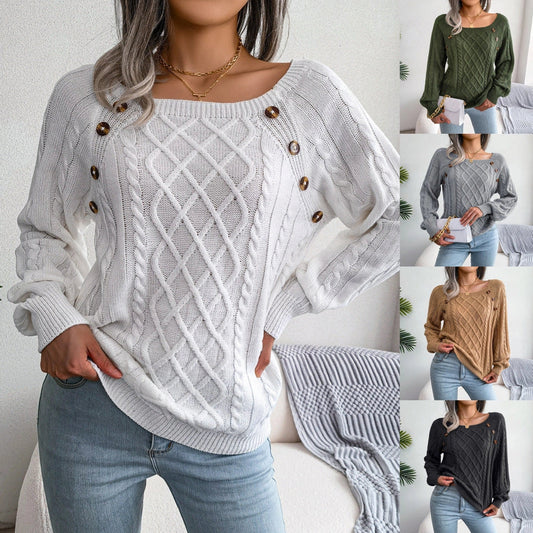 Women's square neck knitted sweater with button design in various colours