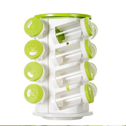 Premium rotating spice rack with 16 individual compartments for storing various spices, herbs, and seasonings
