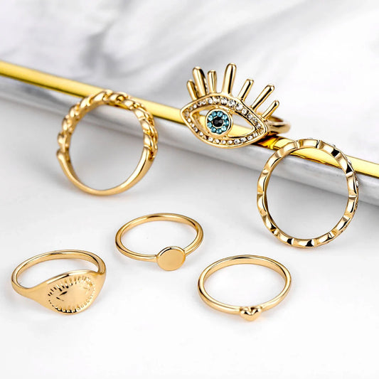 Retro Eye Love Ring Set: 6-Piece Alloy and Crystal Collection