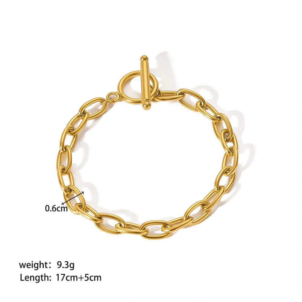Stainless steel bracelet with real gold treatment in various colours, featuring geometry shapes and ring elements