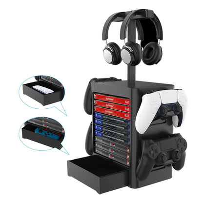 Premium gaming accessory stand with multiple storage compartments for headphones, controllers, and other console essentials