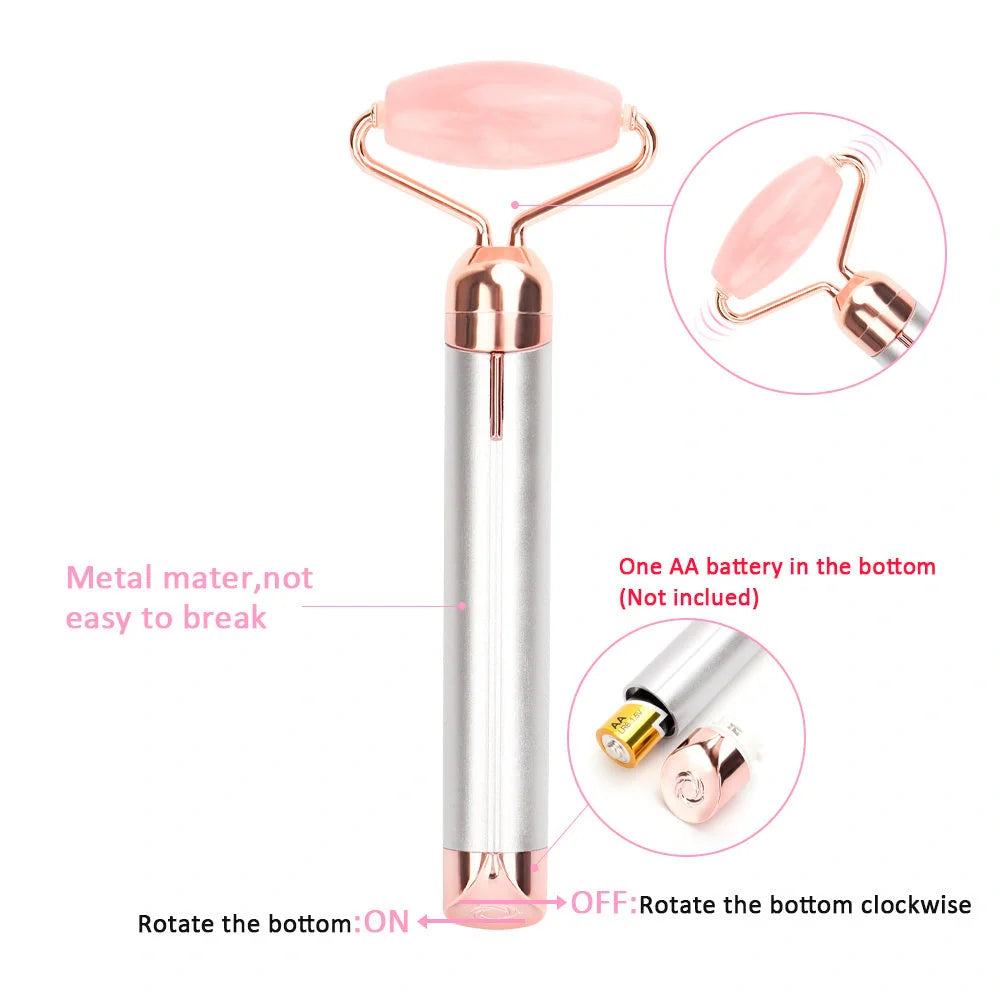 Electric Vibrating Natural Rose Quartz Jade Facial Roller with facial roller and under eye press attachments
