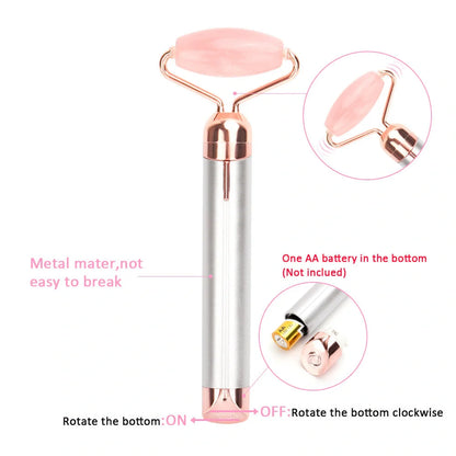 Electric Vibrating Natural Rose Quartz Jade Facial Roller with facial roller and under eye press attachments