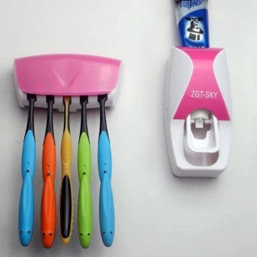 Dust-proof automatic toothpaste squeezer and toothbrush holder set in black, blue, or red