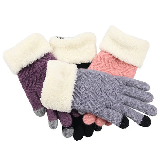 Women's winter knitted gloves in purple, pink, grey, and black