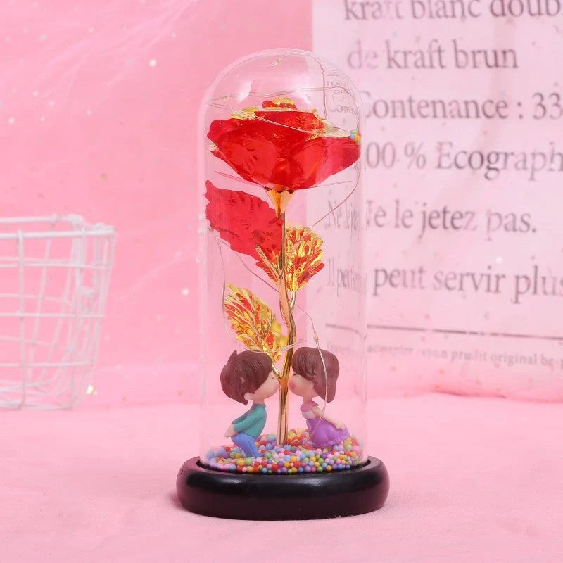 Enchanted Forever Rose in Glass LED Light decoration with realistic rose and wooden base