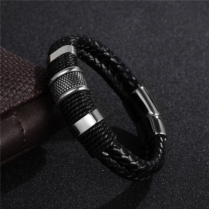 Premium black braided leather bracelet with titanium and stainless steel clasp, a timeless accessory for the modern gentleman