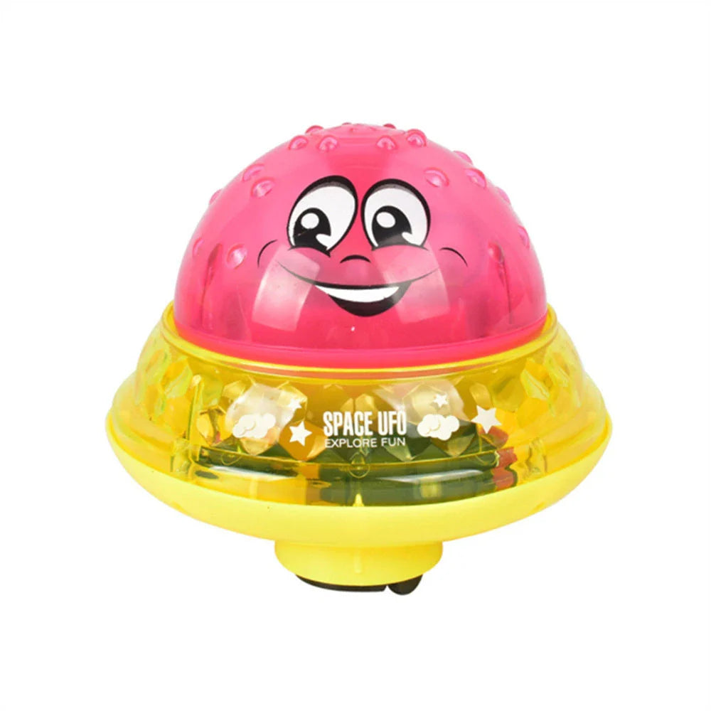 Rotating water sprinkler toy with colourful design and water spray feature for children's bath time fun