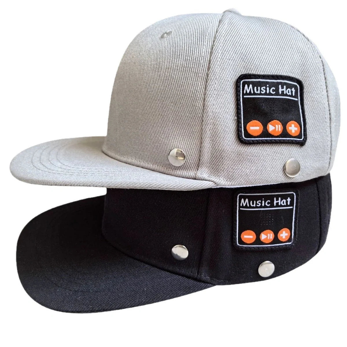 Bluetooth-compatible music hat in black and light grey with adjustable sizing