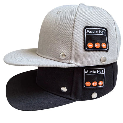 Bluetooth-compatible music hat in black and light grey with adjustable sizing
