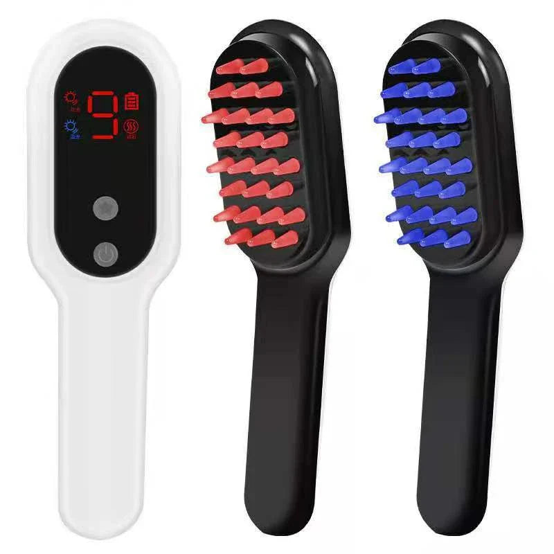 An electric hair growth comb with red and blue light therapy, magnetic massage, and customisable settings for promoting healthy hair growth.