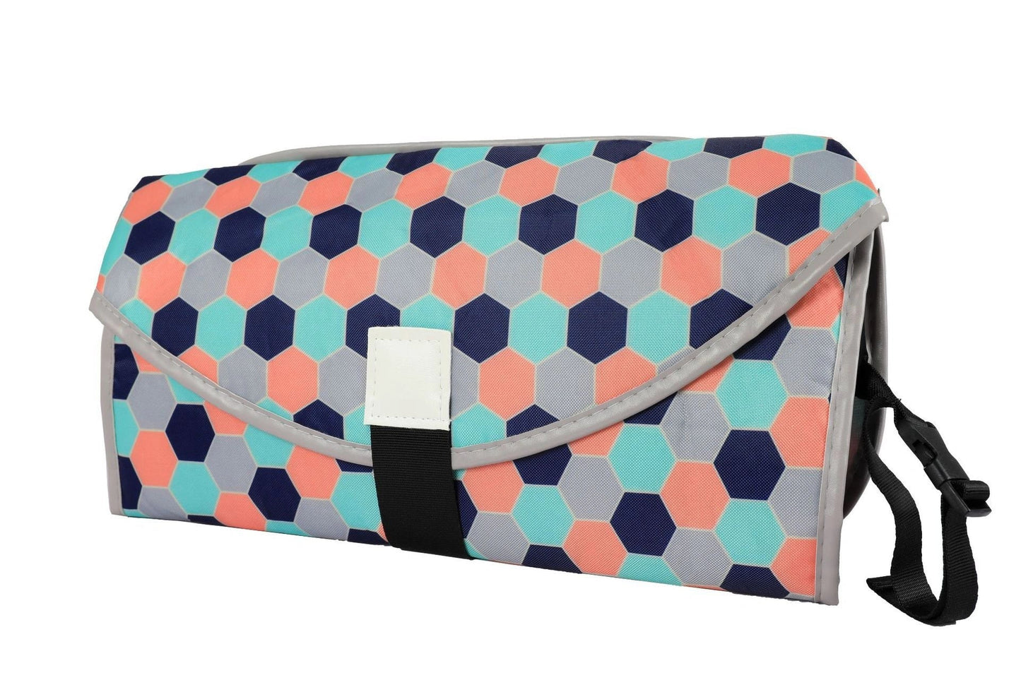 Portable diaper changing pad clutch with built-in toy ring, foldable design for easy transport