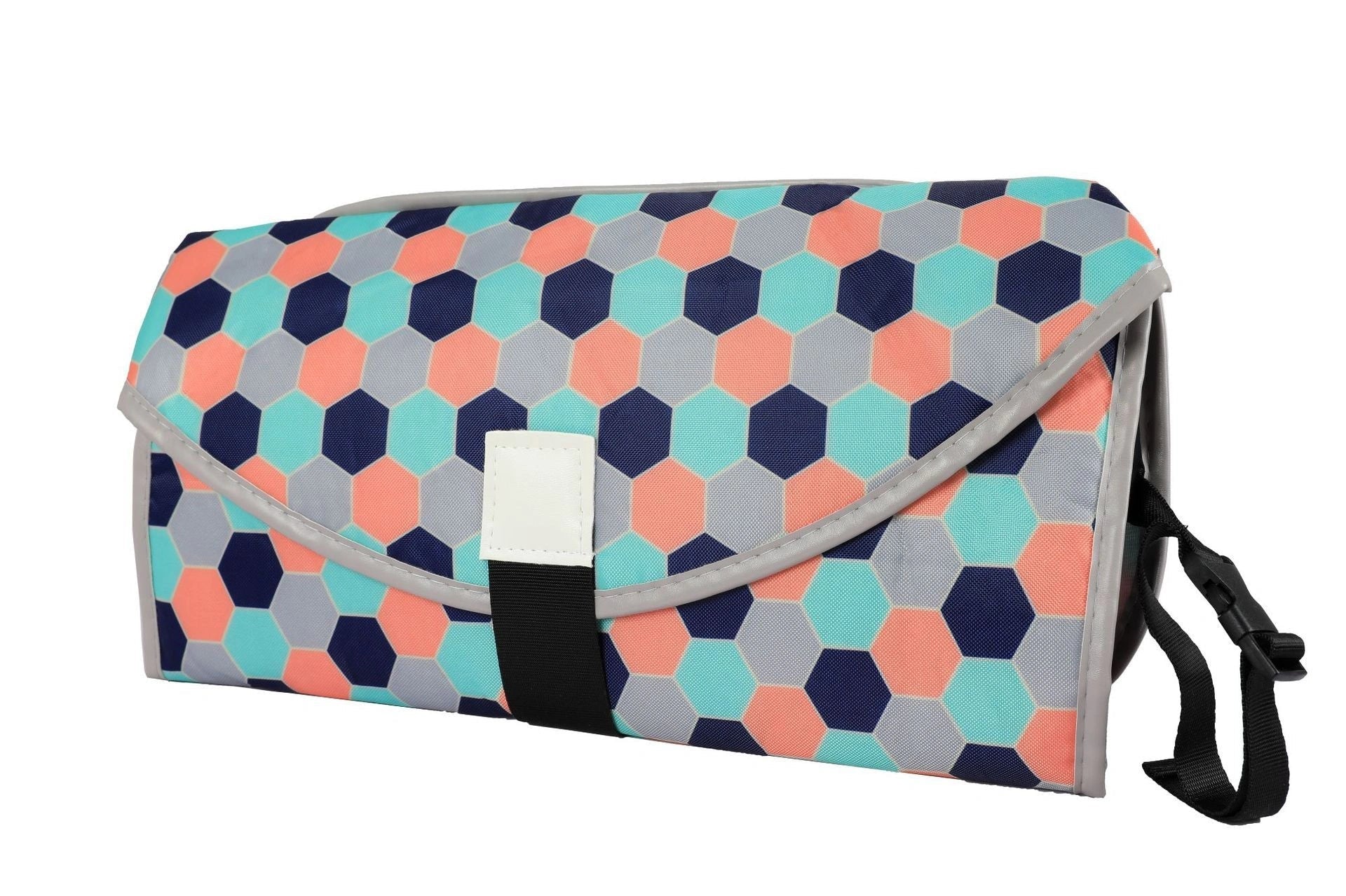 Portable diaper changing pad clutch with built-in toy ring, foldable design for easy transport