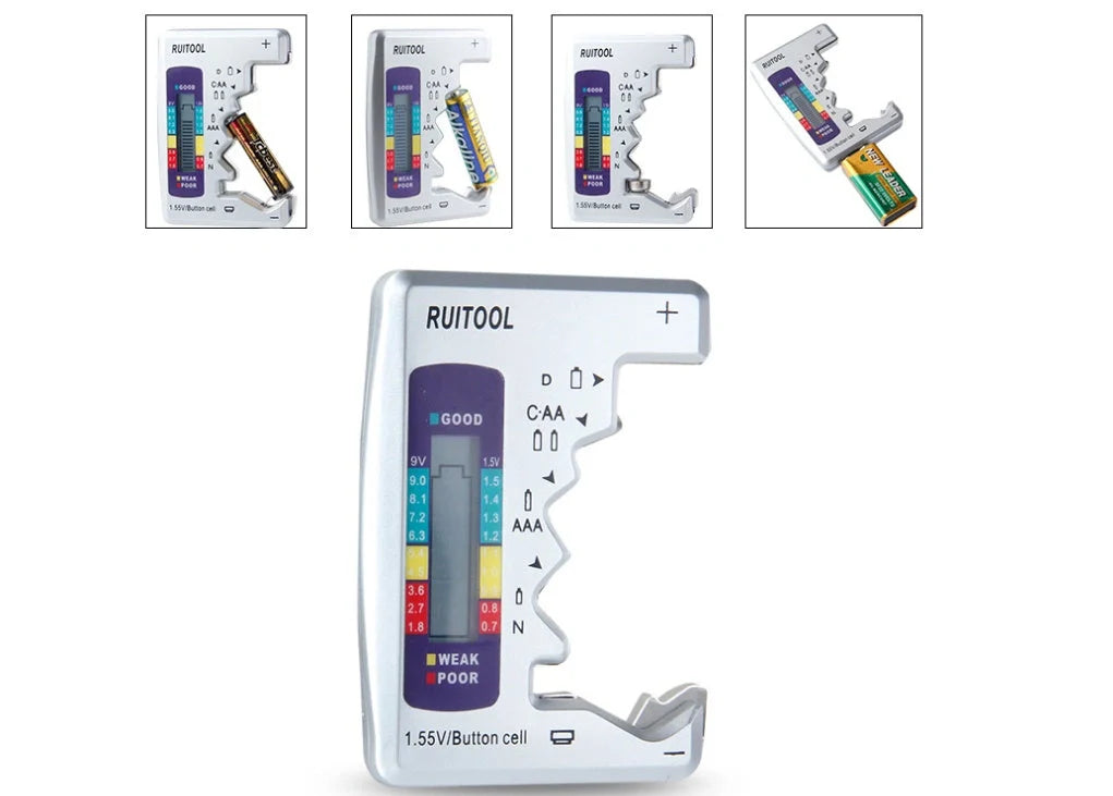 Universal Digital Battery Tester with LCD display for checking AA, AAA, 9V, and button cell batteries
