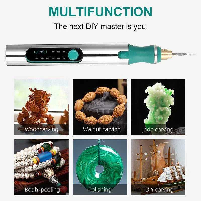 Rechargeable engraving pen with adjustable speed, mini grinder, and various accessories for personalization and crafting